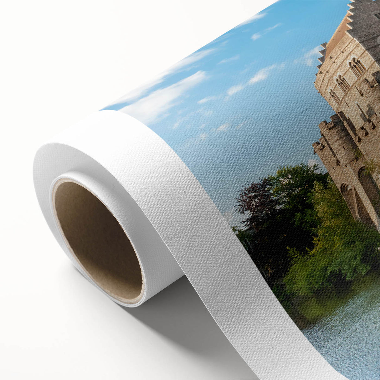 Vibrant rolled canvas wall art showcasing a stunning landscape with a majestic castle, perfect for enhancing home decor. Features rich colors and intricate details.