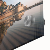 Close-up of a stunning acrylic glass wall art piece showcasing a vibrant landscape featuring a majestic castle, ideal for home decor enthusiasts seeking unique and eye-catching designs.