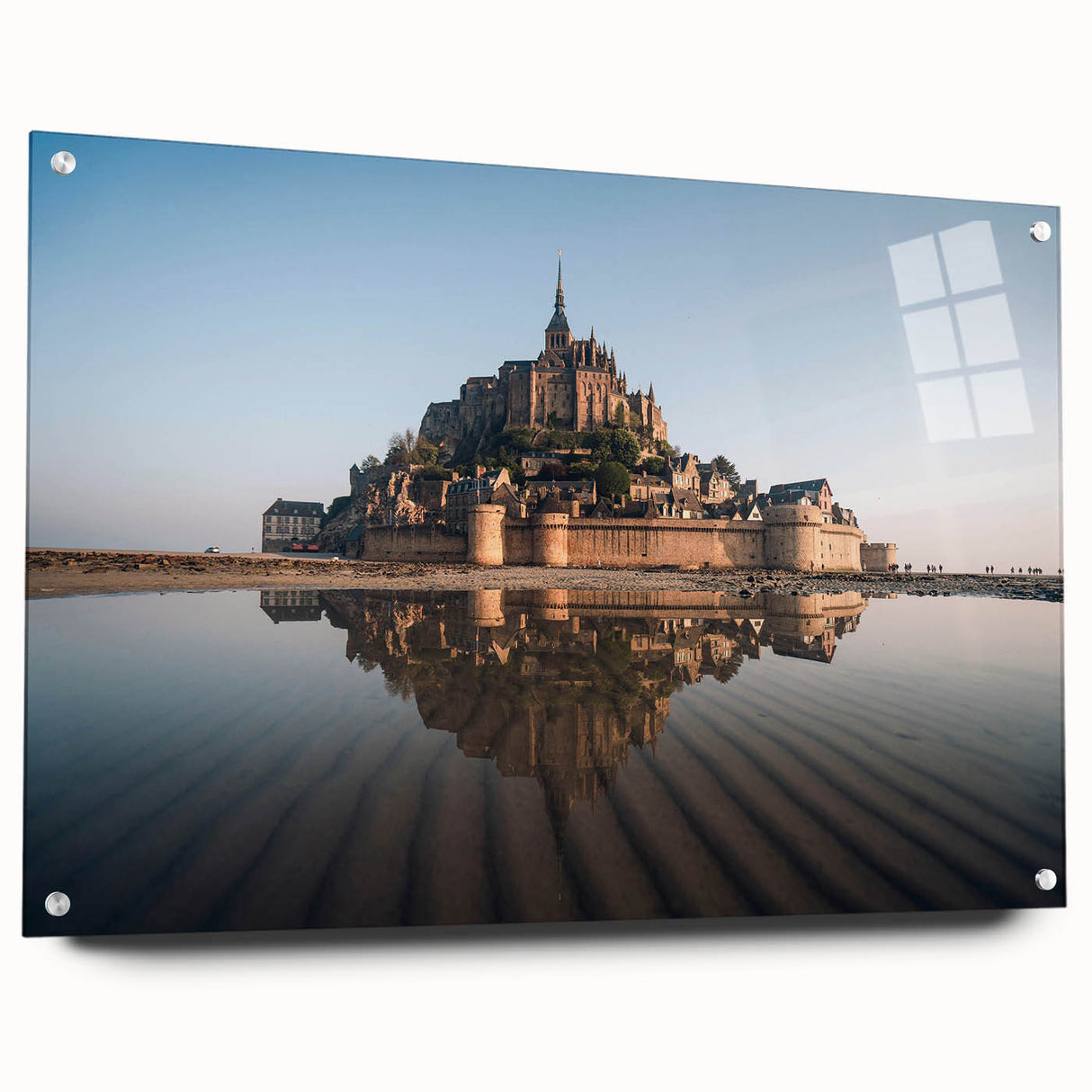 Acrylic glass wall art showcasing a side view of a stunning castle landscape design, elegantly displayed with pins, ideal for home decor enthusiasts.