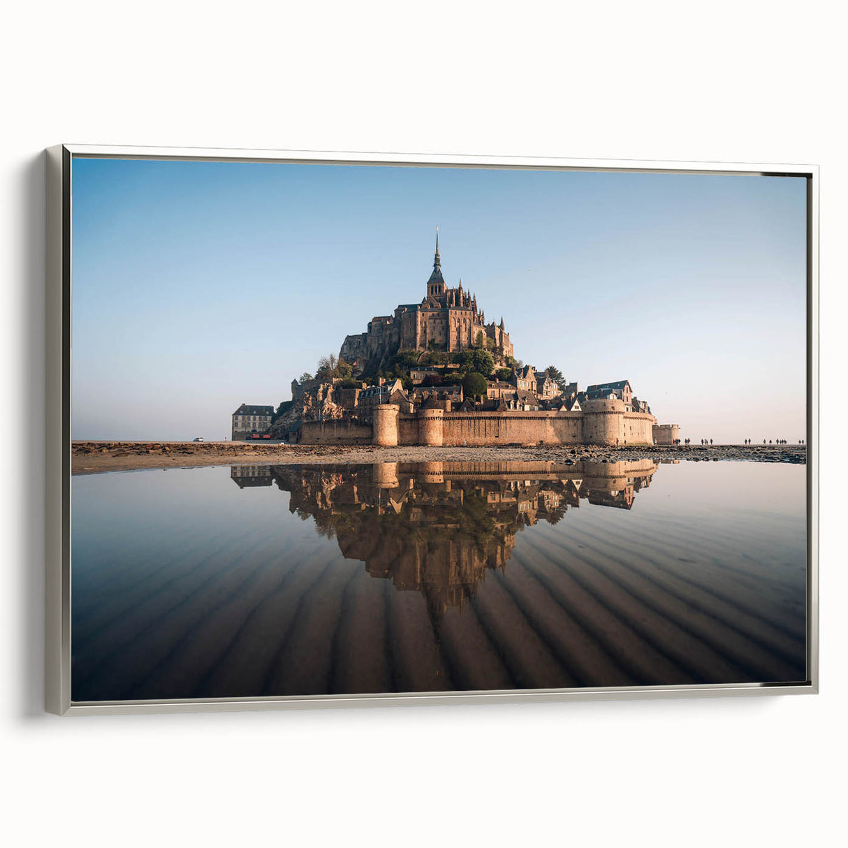 Framed canvas wall art showcasing a stunning landscape with a castle, featuring a silver frame that enhances its elegance, ideal for home decor.