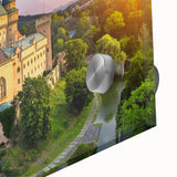 Close-up of a vibrant acrylic wall art piece showcasing a picturesque landscape with a majestic castle, ideal for enhancing home decor with a touch of elegance. This artwork features rich colors and intricate details, perfect for art enthusiasts looking to elevate their interior design.