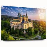 Elegant acrylic wall art showcasing a stunning landscape with a majestic castle, designed for home decor. The piece is displayed in a side view, highlighting its vibrant colors and intricate details, perfect for enhancing any interior space.