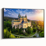Framed canvas wall art showcasing a stunning landscape with a majestic castle, featuring rich colors and intricate details, ideal for home decor.
