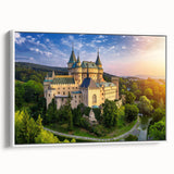 Framed canvas wall art showcasing a stunning landscape with a castle, featuring vibrant colors and intricate details, perfect for enhancing home decor.