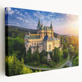 Stretched canvas wall art showcasing a majestic castle landscape design, featuring vibrant colors and intricate details, perfect for home decor enhancement.