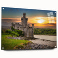 Acrylic glass wall art featuring a vibrant landscape of a majestic castle surrounded by lush greenery, displayed in a sleek side view with pins for easy mounting. Perfect for enhancing home decor.