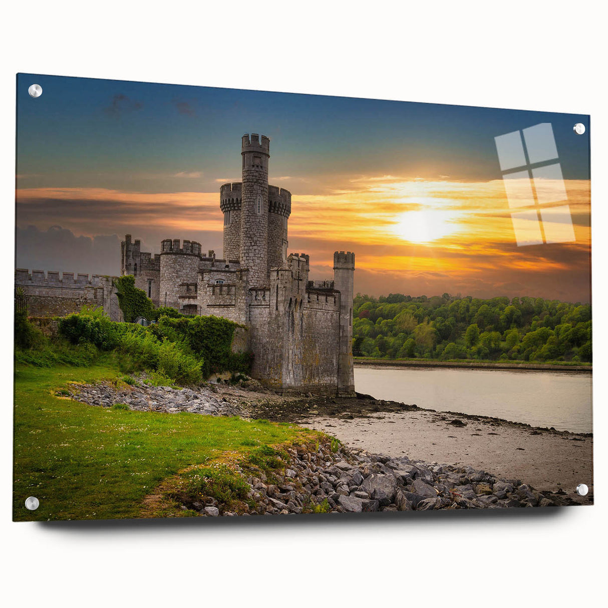 Acrylic glass wall art featuring a vibrant landscape of a majestic castle surrounded by lush greenery, displayed in a sleek side view with pins for easy mounting. Perfect for enhancing home decor.