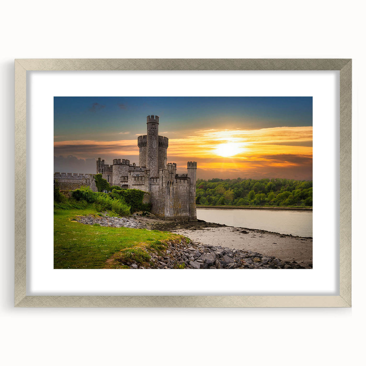Framed wall art featuring a majestic castle landscape design, enhanced with a silver mat, ideal for home decor and interior design enthusiasts.