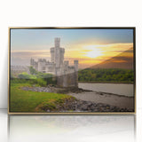 Framed wall art featuring a stunning landscape design of a castle, presented in a sleek acrylic frame with a gold finish, ideal for home decor and interior design enthusiasts.