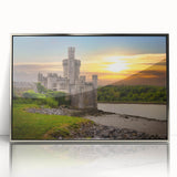 Framed wall art featuring a serene landscape scene with a silver-acrylic finish, showcasing a majestic castle surrounded by lush greenery, ideal for enhancing home decor.