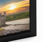 Framed canvas wall art featuring a vibrant landscape with a majestic castle surrounded by lush greenery, showcasing intricate details and rich colors. Perfect for home decor enthusiasts seeking a touch of elegance.