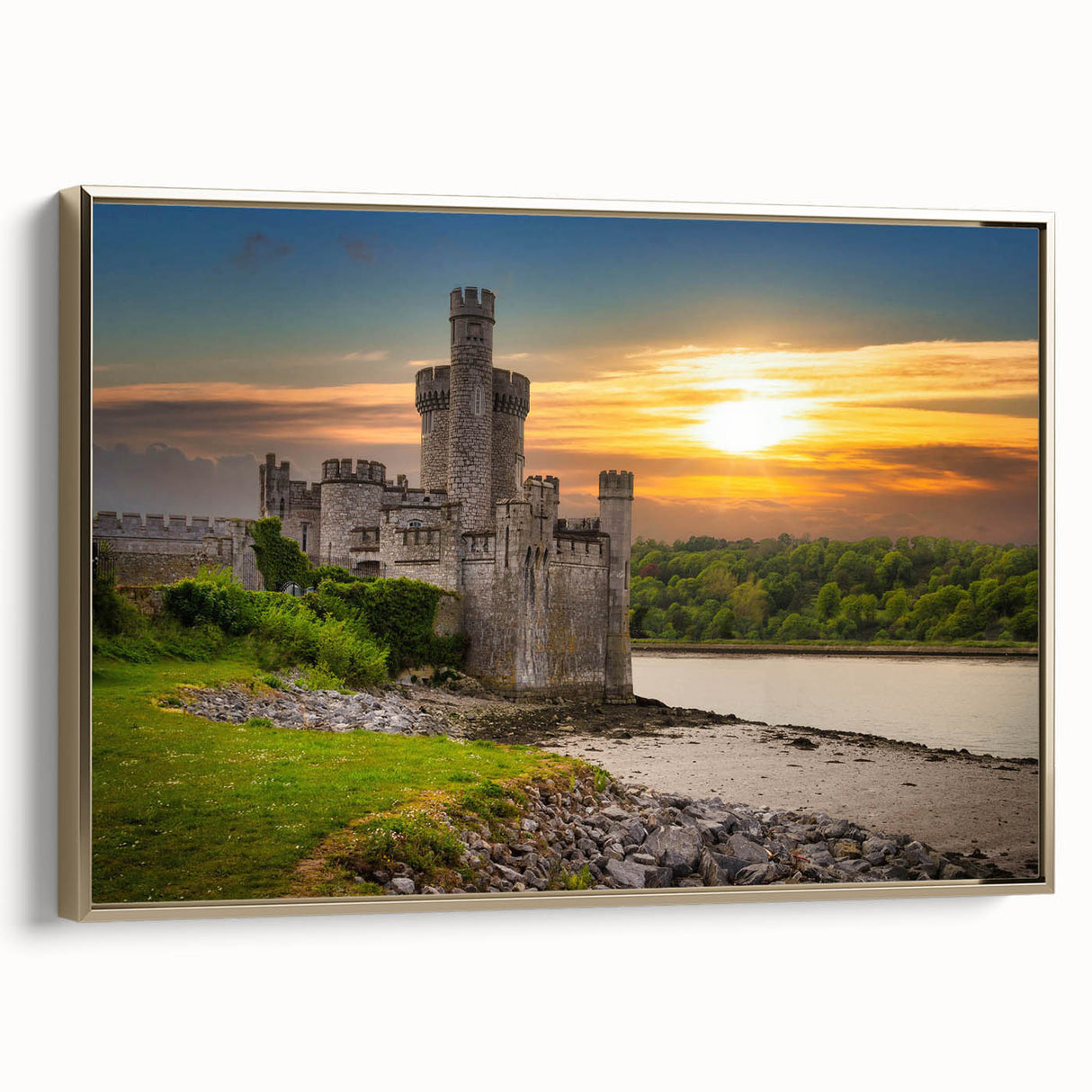 Framed canvas artwork showcasing a stunning castle landscape design with rich colors and gold accents, ideal for enhancing home decor and artistic ambiance.