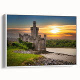 Framed canvas wall art showcasing a picturesque landscape with a historic castle, presented in a modern white frame, ideal for home decor enhancement.
