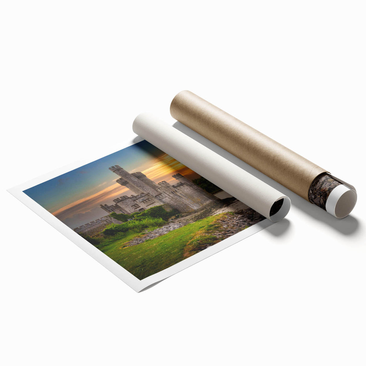Rolled print of a stunning castle landscape wall art piece showcasing vibrant colors and intricate details, presented as part of an elegant home decor collection.