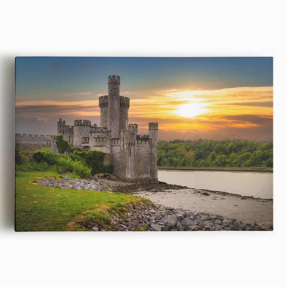 Stretched canvas wall art showcasing a vibrant, picturesque landscape featuring a majestic castle surrounded by lush greenery, ideal for home decoration.