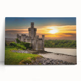 Stretched canvas wall art depicting a vibrant landscape with a majestic castle, leaning against a neutral wall, ideal for home decor or art collectors.