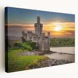 Stretched canvas wall art depicting a vibrant landscape with a majestic castle, showcasing rich colors and intricate details, perfect for home decor.