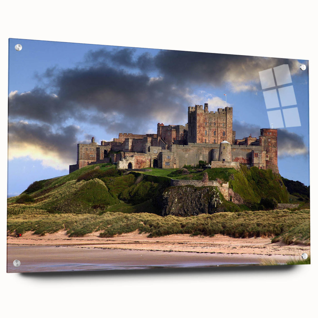 Acrylic glass wall art showcasing a vibrant landscape with a castle, displayed in a modern frame, ideal for enhancing home decor with a touch of elegance.