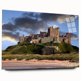 Acrylic glass wall art collection showcasing a stunning landscape and castle design, elegantly displayed in a side view without pins, perfect for home decor.