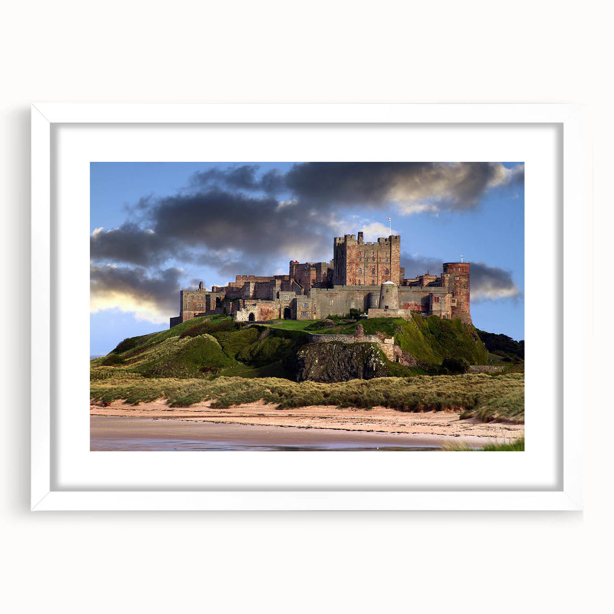 Framed wall art featuring a scenic landscape with a majestic castle, presented in a white mat for an elegant touch, perfect for home decor and interior styling.
