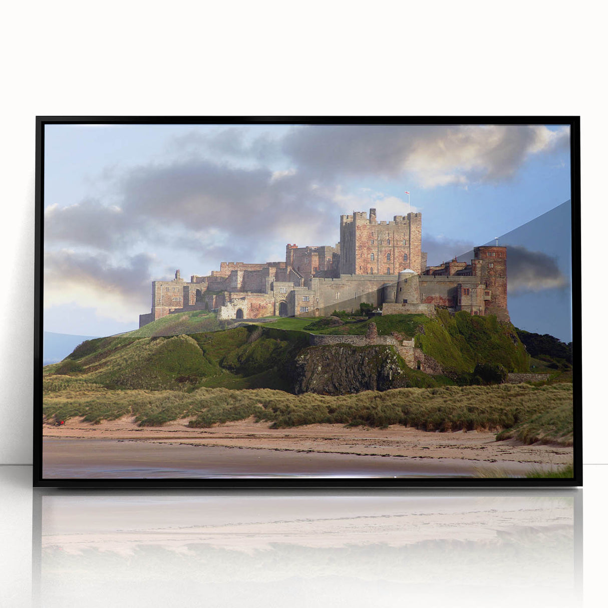 Framed acrylic wall art featuring a stunning landscape with a castle, set against a vibrant sky, ideal for home decor enthusiasts. The sleek black frame enhances the artistic details, making it a captivating centerpiece for any room.