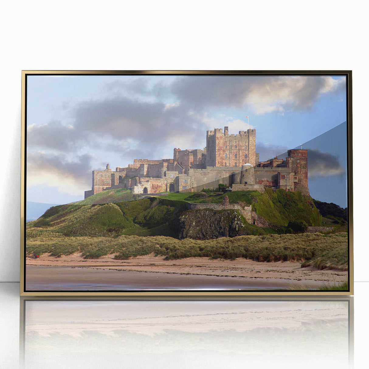 Framed wall art featuring a stunning gold-accented landscape design of a castle, elegantly showcased in an acrylic frame, perfect for home decor.