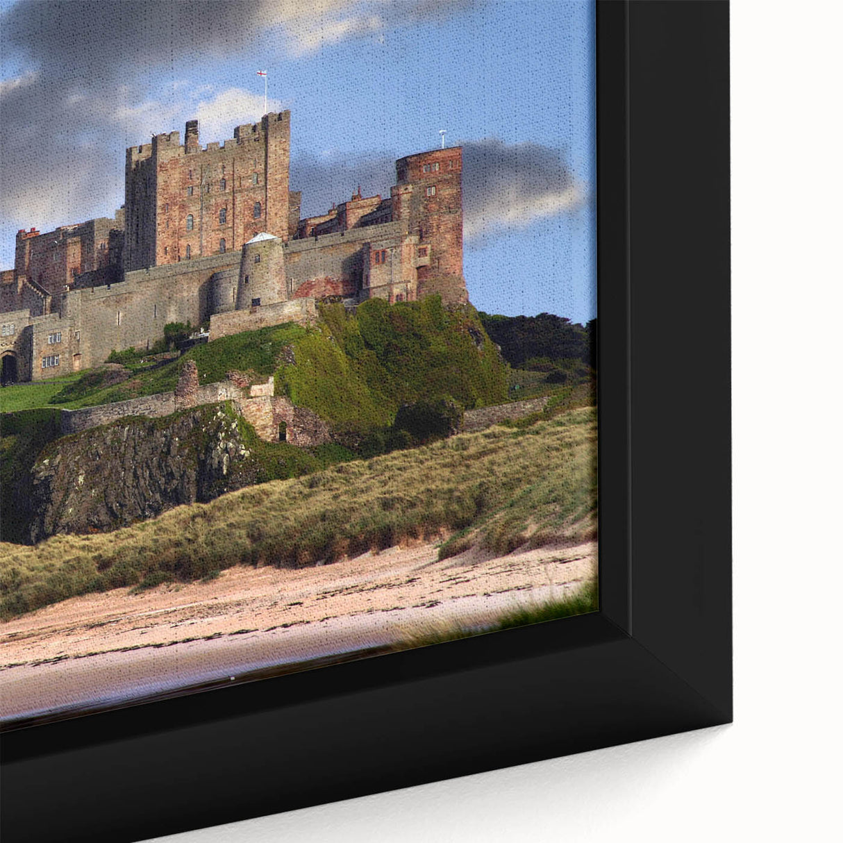 Close-up of a beautifully framed canvas wall art featuring a picturesque landscape with a medieval castle, rich colors, and intricate details, perfect for home decor.