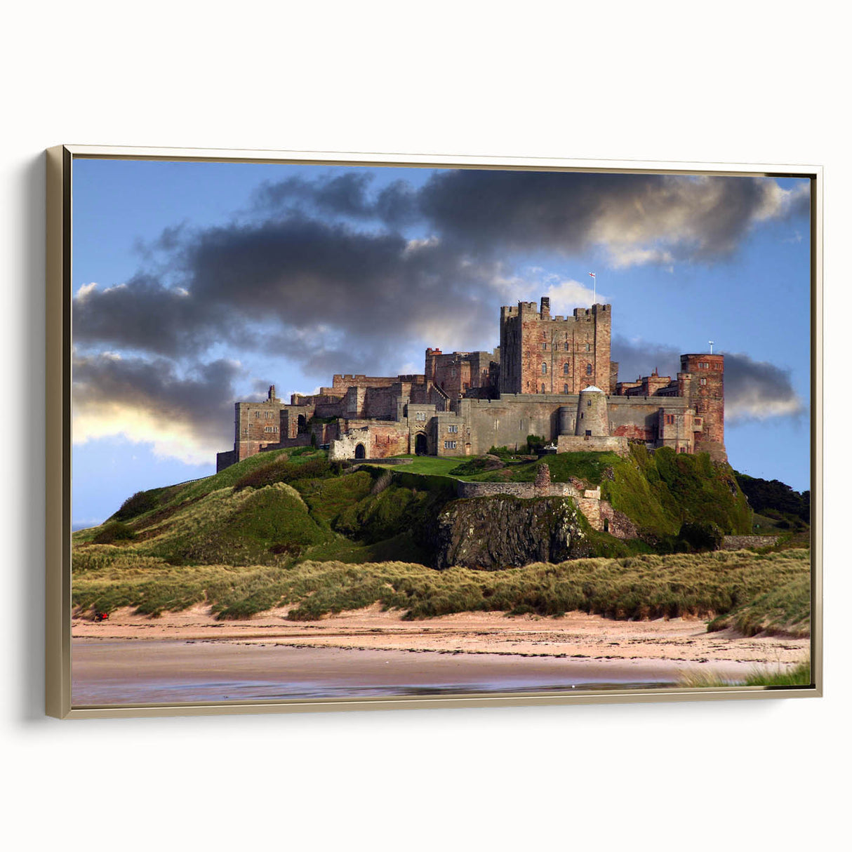Framed canvas wall art showcasing a picturesque landscape with a grand castle, embellished in gold tones, perfect for elegant home decor.