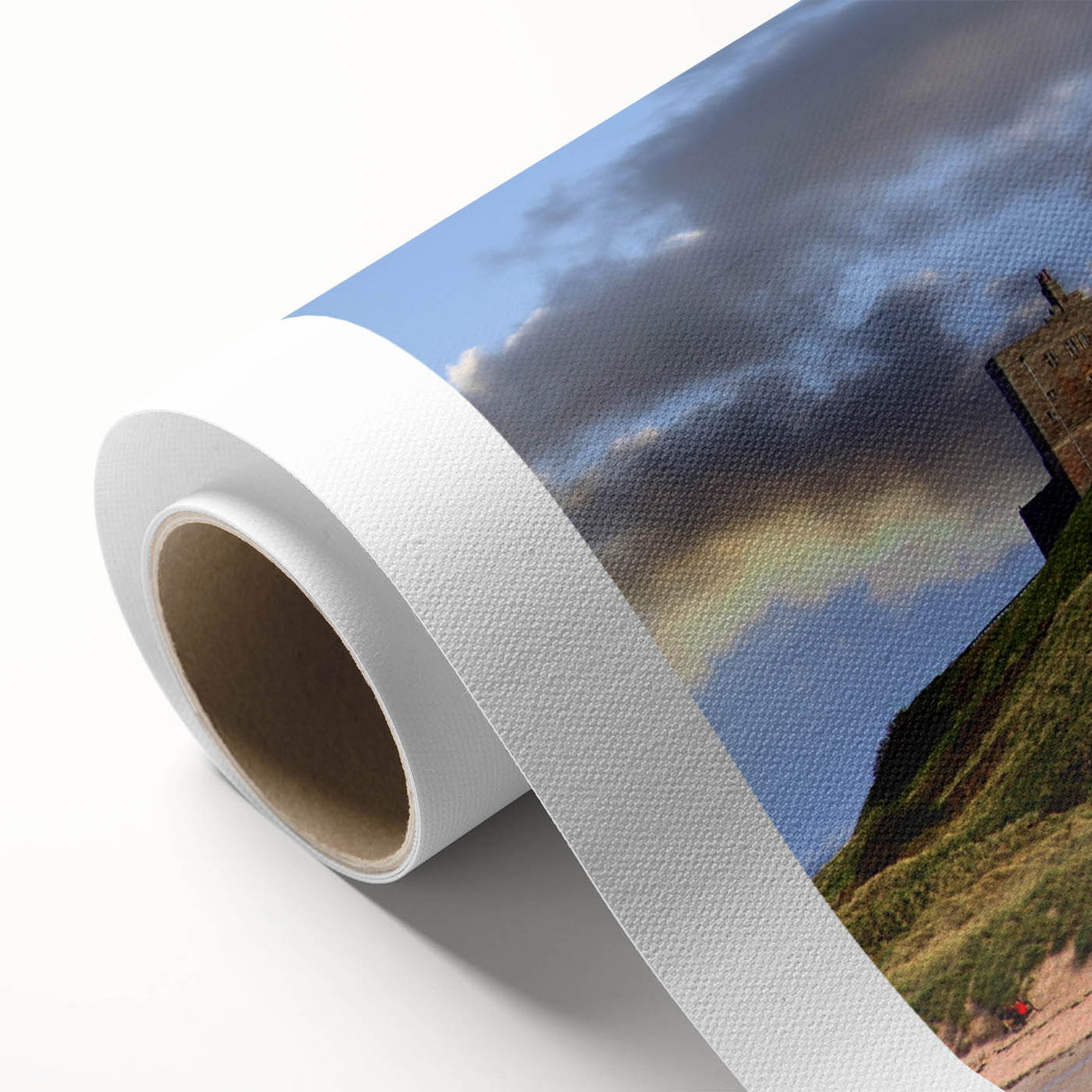 Vibrant rolled canvas showcasing a picturesque landscape featuring a majestic castle surrounded by lush greenery, ideal for home decor and wall art enthusiasts.