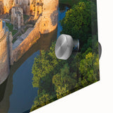 Close-up of a vibrant landscape castle wall art piece, showcasing intricate details and colors on acrylic glass, perfect for home decor and artistic enhancement.