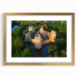 Elegant gold-framed wall art showcasing a stunning landscape of a majestic castle, featuring intricate details and a classic mat design, ideal for home decor.