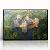 Framed wall art featuring a scenic landscape with a medieval castle design, presented in a sleek black frame, ideal for enhancing home decor with elegance.