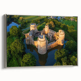 Framed canvas wall art showcasing a stunning European castle landscape design with intricate details and a silver frame, ideal for home decor enhancement.