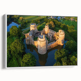 Framed canvas artwork showcasing a picturesque castle landscape design, featuring vibrant colors and intricate details, displayed against a white background for a modern aesthetic.