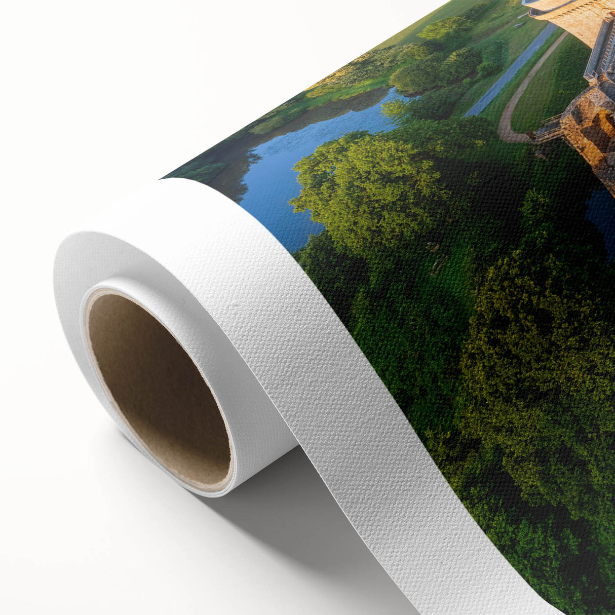 Rolled canvas wall art showcasing a picturesque landscape with a majestic castle, featuring vibrant colors and intricate details, perfect for home decor.