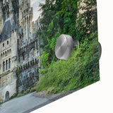 Close-up of a vibrant acrylic glass wall art piece showcasing a stunning landscape with a castle, perfect for home decor enhancement. The artwork's rich colors and intricate details create an inviting and imaginative atmosphere, ideal for any room.