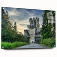 Acrylic wall art piece showcasing a detailed side view of a vibrant landscape with a castle, elegantly displayed with pins on a sleek glass surface, ideal for modern decor.
