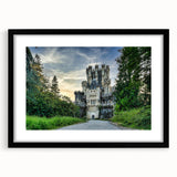 Framed wall art collection showcasing a stunning landscape castle design, featuring a sleek black frame with a white mat, perfect for elegant home decor.