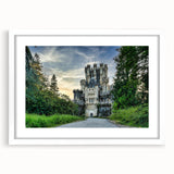 Framed wall art featuring a stunning landscape with a castle, surrounded by lush greenery and a serene sky, ideal for home decor and interior design enthusiasts.