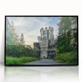 Framed wall art featuring a majestic castle landscape design, with vibrant colors and intricate details, displayed in a sleek black frame, ideal for home decor.