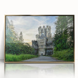 Framed wall art featuring a stunning landscape of a picturesque castle, with golden acrylic accents enhancing its elegance. Perfect for home decor.