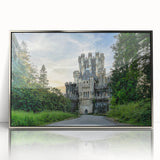 Framed acrylic wall art showcasing a stunning landscape design featuring a majestic castle, highlighted by silver accents and a modern aesthetic, perfect for home decor.