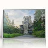 Framed wall art showcasing a stunning landscape castle design, featuring vibrant colors and intricate details, set against a sleek white frame for modern elegance.