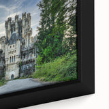 Framed canvas wall art featuring a picturesque landscape with a majestic castle, showcasing vibrant colors and intricate details, ideal for home decor enthusiasts.