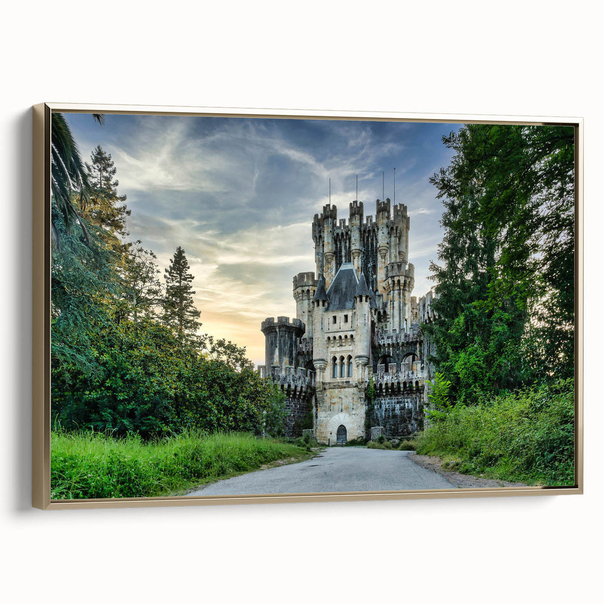 Framed canvas wall art featuring a stunning landscape of a castle, highlighted with gold accents and a sleek profile view, perfect for elegant home decor.
