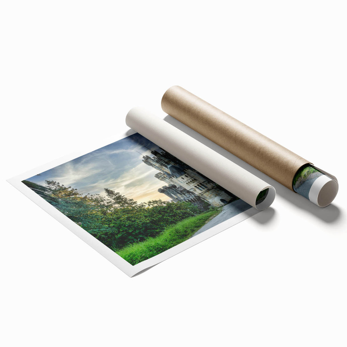 Stunning rolled print of a vibrant castle landscape wall art design, showcasing intricate details and rich colors, ideal for home decor or art collection.