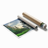 Stunning rolled print of a vibrant castle landscape wall art design, showcasing intricate details and rich colors, ideal for home decor or art collection.