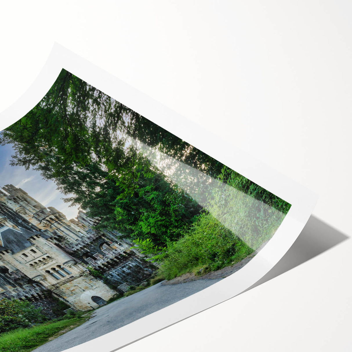Stunning rolled wall art print showcasing a vibrant landscape with an ancient castle, featuring rich colors and intricate details, ideal for home decor.