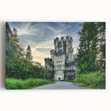Stretched canvas wall art showcasing a vibrant landscape of a castle surrounded by lush greenery, perfect for enhancing home decor with a touch of elegance.