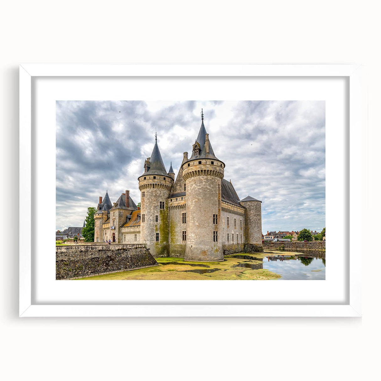 Framed white wall art showcasing a scenic landscape with a castle, featuring a soft color palette and elegant matting, ideal for home decor enhancements.